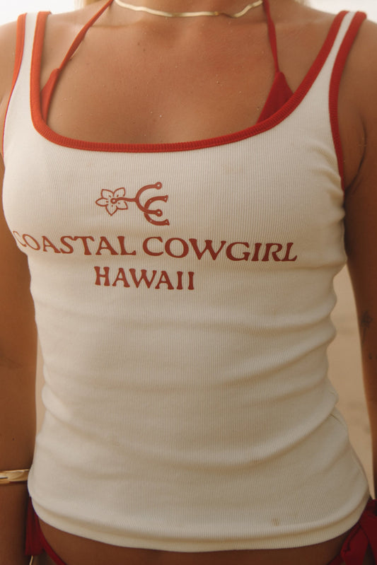 Coastal Cowgirl Ribbed Cream and Red Tank